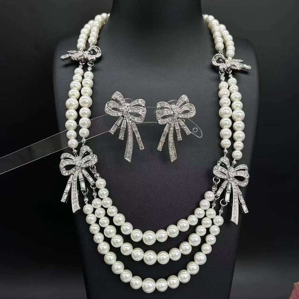 3pcs Elegant Vintage Jewelry Set for Women Bow Pearl Necklace Shiny Crystal Choker Bridal Wedding Earrings Party Z260313