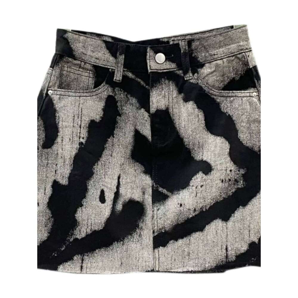 Black Gray Tie Dye Short High Waist Personalized Pattern Denim Fringed A-line Fashion Versatile Skirt Z260314
