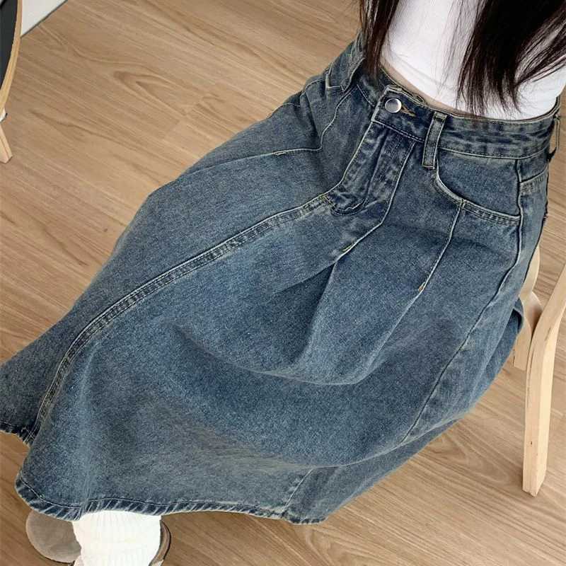 Summer Lady Chic Fashion High Waist Jeans Skirts Women Thin Mid-Long Denim Skirts s Retro Fashion Casual Denim Dress M260314