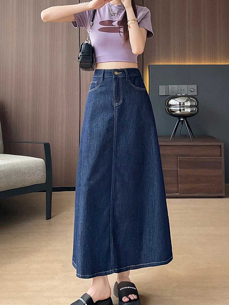 Deep Blue Denim Half Skirt Summer Womens High Waist A-line Midskirts Korean Versatile Slim Fit Skirts Oversized S-3XL M260314