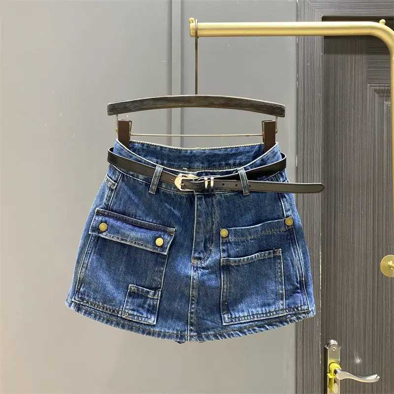 Dark Denim Short Skirt Womens High-waisted Culottes Summer New Tooling Wide-leg A-word Shorts Skirt M260314