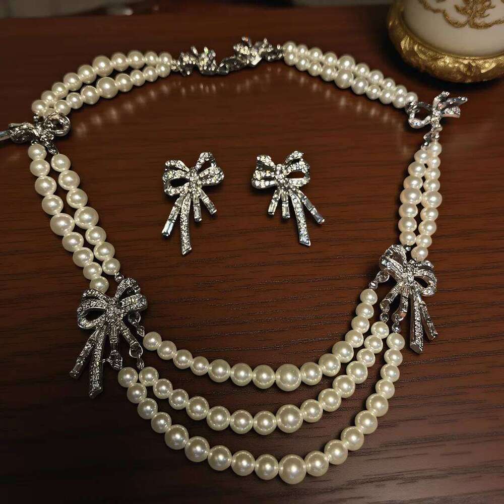 3pcs Elegant Vintage Jewelry Set for Women Bow Pearl Necklace Shiny Crystal Choker Bridal Wedding Earrings Party Z260313