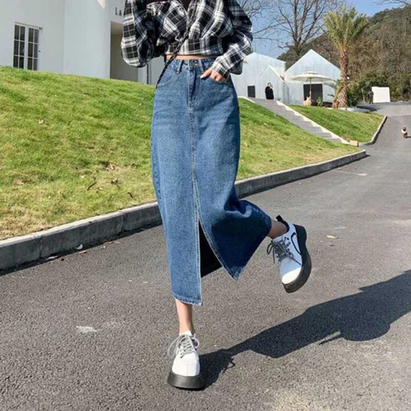 Female High Waist Solid Color Jeans Skirt Hot Sale Women Thin Mid-Long Dress s Korean Classic A-line Slit Denim Skirts M260314