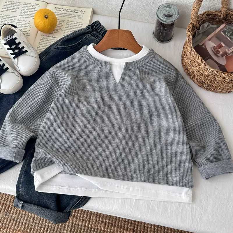 Clothing Sets Children's Sweatshirt Spring and Autumn New Korean Style Boys' Autumn Waffle Fake Two-Piece Sweatshirt Baby Versatile Top