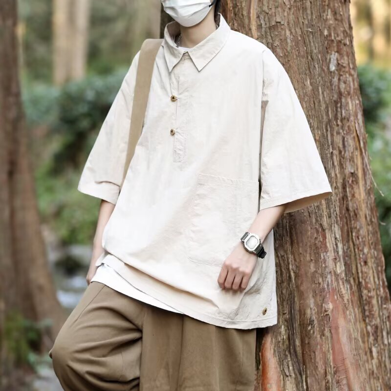 Japanesestyle Summer Vintage Trendy Casual Designer Polo Hoodie Loosefitting Workwear Designer T-shirt Shortsleeve Shirt For Men And Women Popular Trend