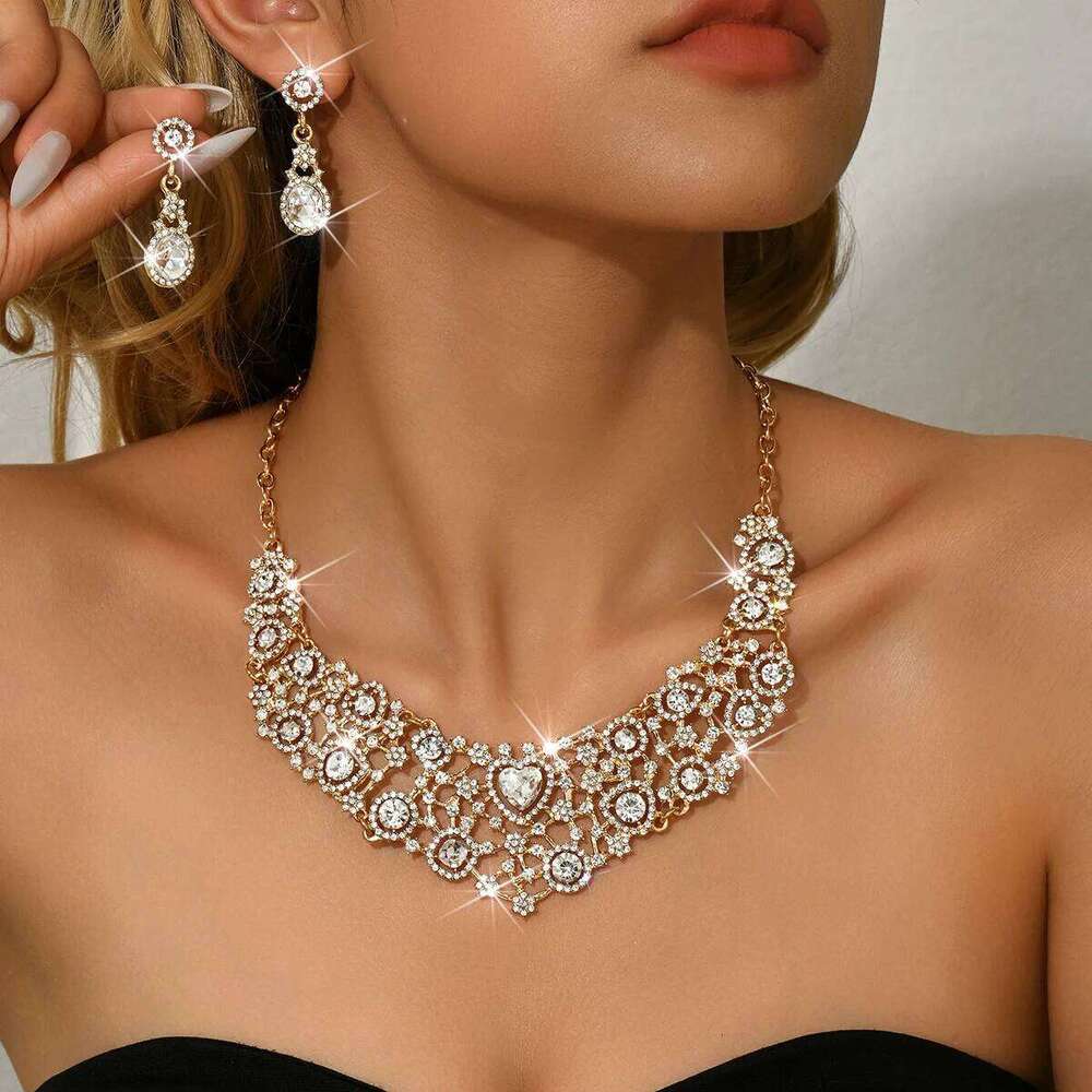 European Retro Alloy Inlaid Diamond Heart Earrings Necklace Wedding Banquet Versatile Set Female Z260313