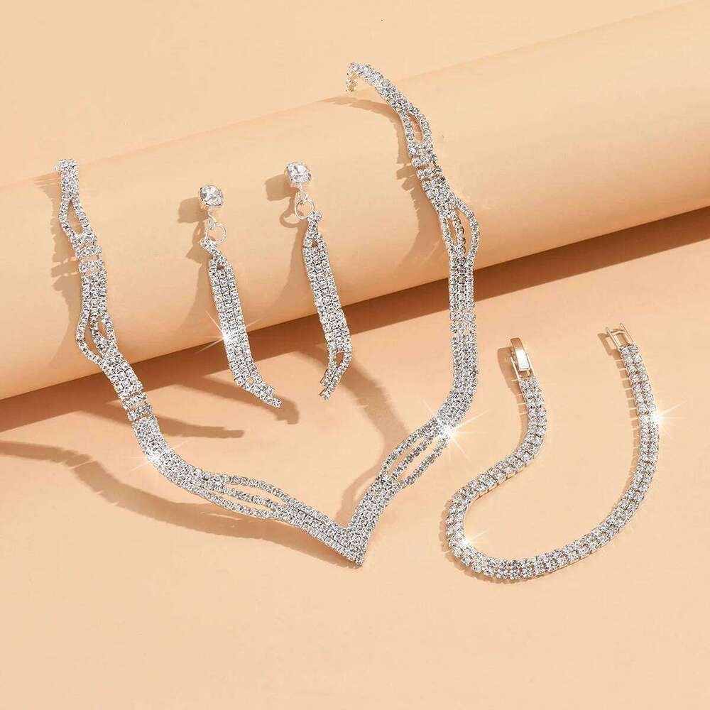 3/4PC Women's Fashion Jewelry with Water Diamond Geometric Necklace Earrings Bridal Wedding Accessories Z260313