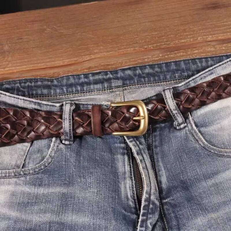 New Luxury Handmade Genuine Leather Women's Belt Jeans Casual Dress Brass Buckle Ladies Trendy Belts Fashion Waistband Z260226