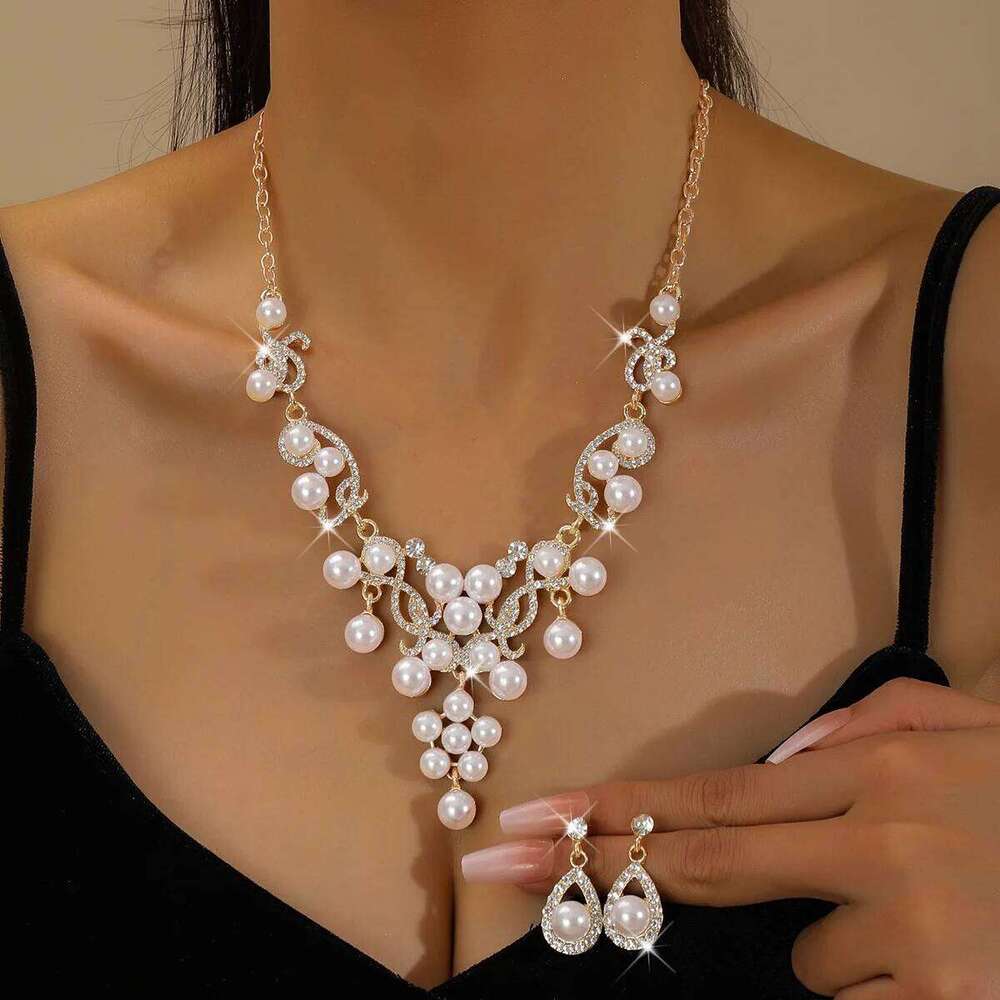 Rhinestone Pearls Bridal Jewelry Sets for Women Choker Necklace Earring and Bracelet Set Wedding Prom Birthday Accessories Z260313