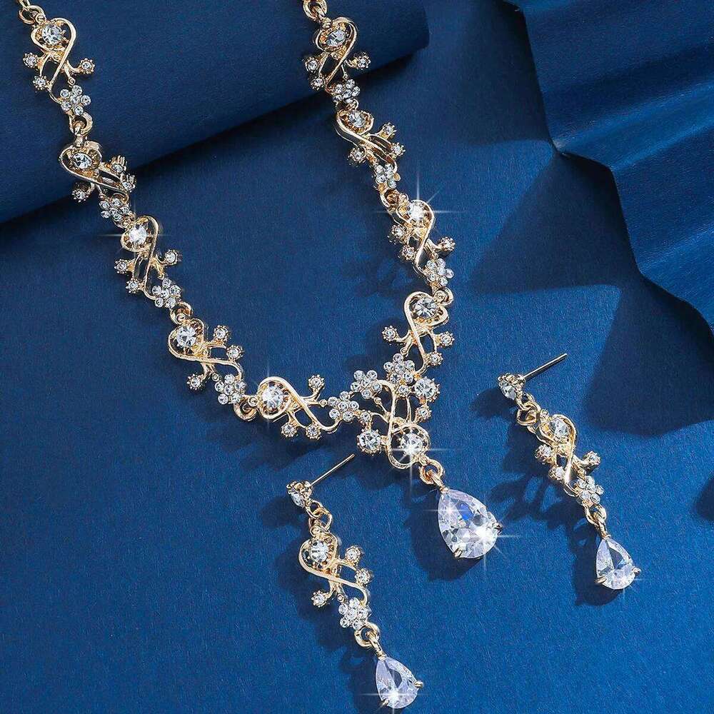 Gold Plated Crystal Jewelry for Women - Bridal Party Necklace Earrings Set with Teardrop Pendant Z260313