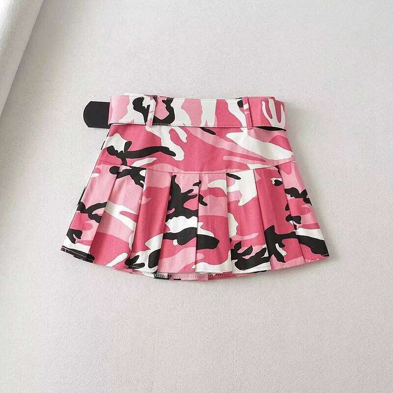 Street Women Pink Camouflage Mini Dance School Girls High Waist Belt Camo Pleated Skirt Cosplay A Line Skirts New Z260314