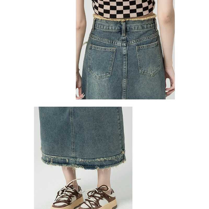 Lady Classic Designer High Waist Jeans Skirts s Korean Slim Fit Mid-Long Dress Women Chic Ripped Thin Denim Skirts M260314