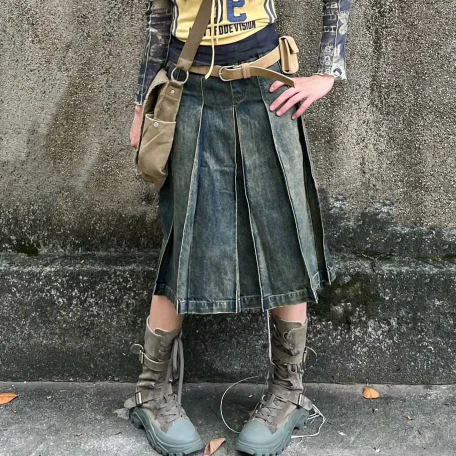 American Style Gothic Denim Skirts Women Streetwear Y2k High Waisted Vintage A- Line Middle Long Dress Trendy Fashionable Skirts M260314