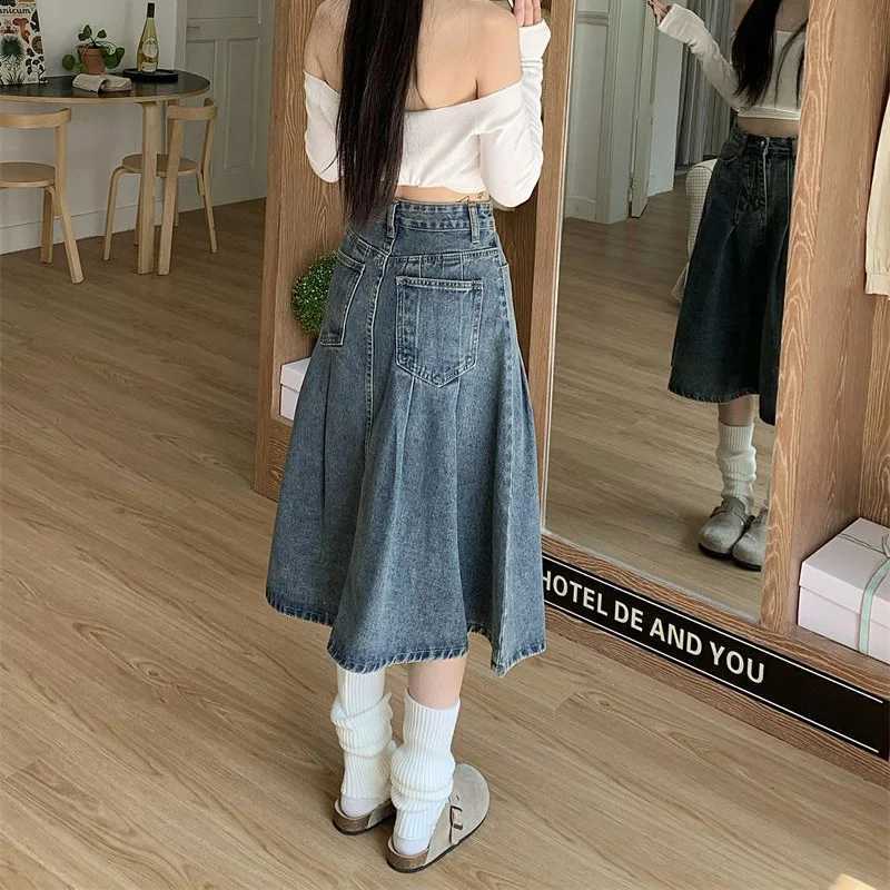 Summer Lady Chic Fashion High Waist Jeans Skirts Women Thin Mid-Long Denim Skirts s Retro Fashion Casual Denim Dress M260314