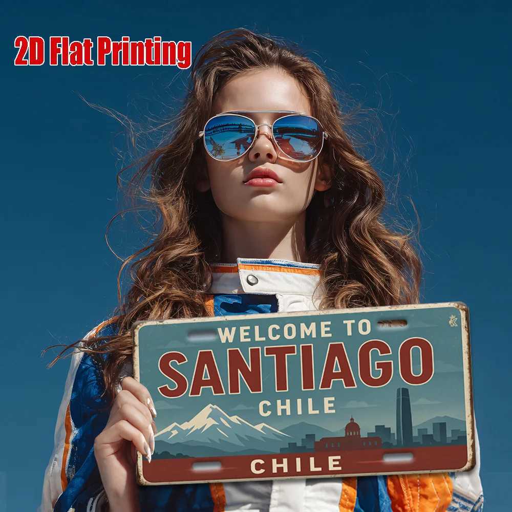 Welcome to Santiago Chile 2D Flat Printing License Plate Style Metal Tin Sign Andean Mountain Cityscape Themed Decorative Alumi D260314