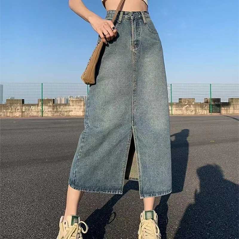 Summer New High-waist Slit Denim Skirt For Women Washed Retro A- line Skirt Hip-covering Straight Long Skirt M260314