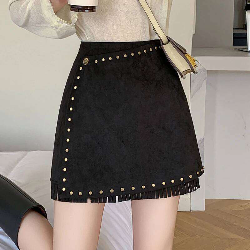 American Retro Asymmetry Suede Short Tassels Autumn Winter Vintage Bohemian A-Line Skirt With Rivet Z260314