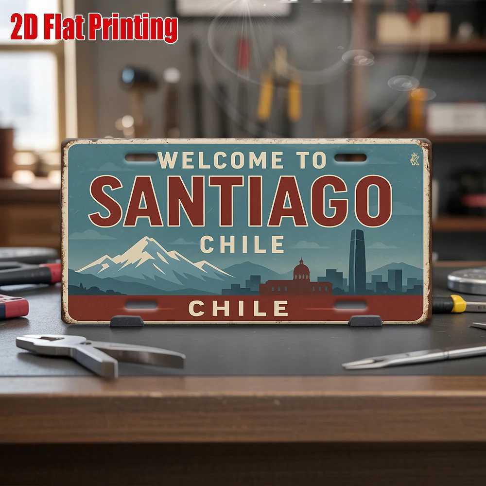 Welcome to Santiago Chile 2D Flat Printing License Plate Style Metal Tin Sign Andean Mountain Cityscape Themed Decorative Alumi D260314
