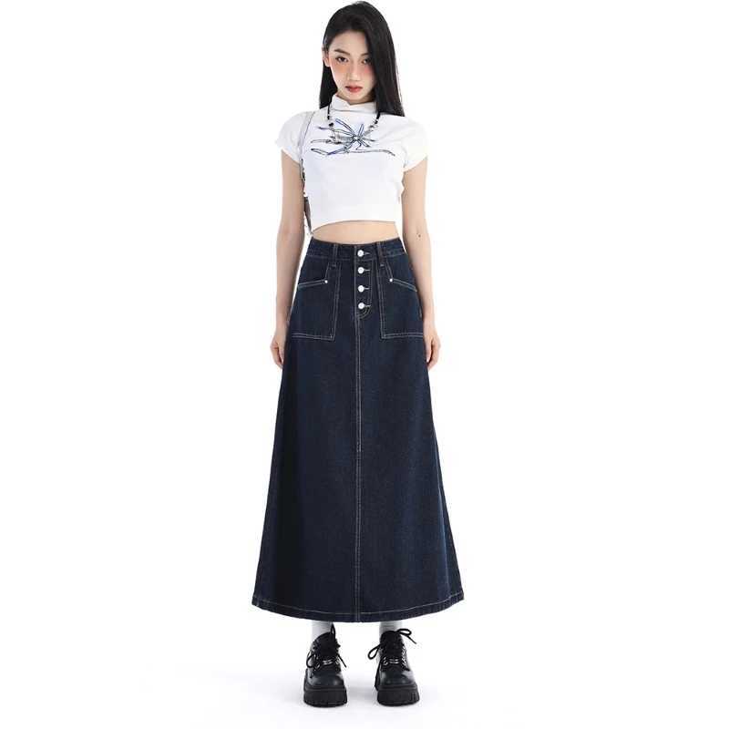 High Waist Denim Skirt Women Autumn 2024 New Arrival Single Buttons Long Skirt Women Korean Style Casual Jeans Skirts Womens M260314