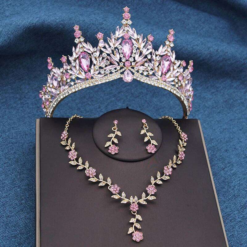 Pink Jewelry Sets with Tiaras Crowns Wedding Crown and Necklace Set Party Birthday Gifts Bridal Pageant Z260313