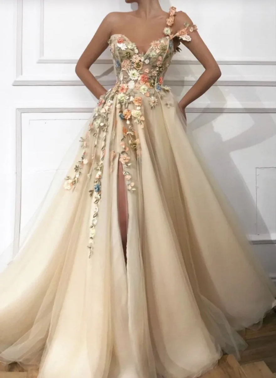 Angelsbridep Customized Evening Dresses Champagne Side Split 3D Flowers Prom Gown Long A-Line One Shoulder Woman Robe De Soiree BC1319
