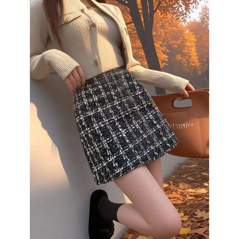 Autumn Winter Vintage Tweed Pencil Skirt For Women High Waist Retro Plaid Chic Style Slim A-Line Short Skirts Lady Z260314
