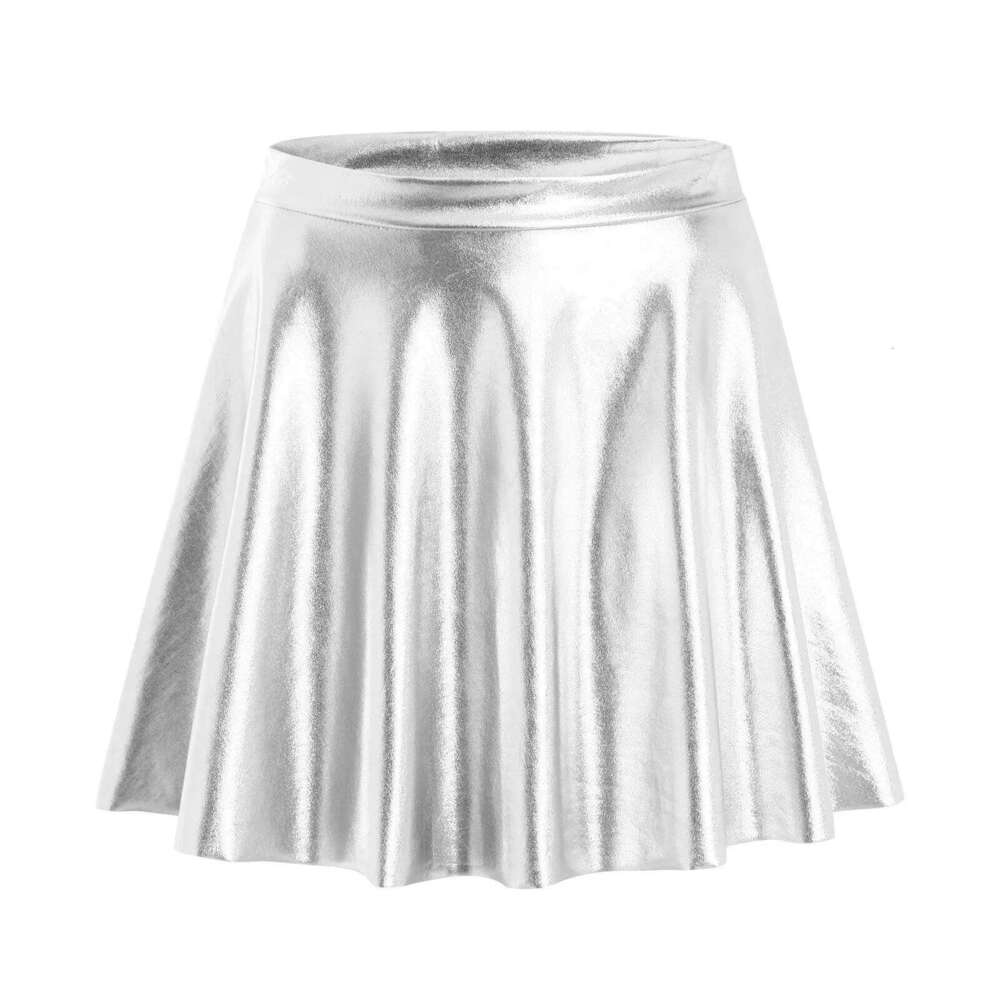 Metallic Pleated Sexy Laser Shiny Flared High Waist Pu Leather Skirt Summer Club Party Dance Mini Skirts Z260314