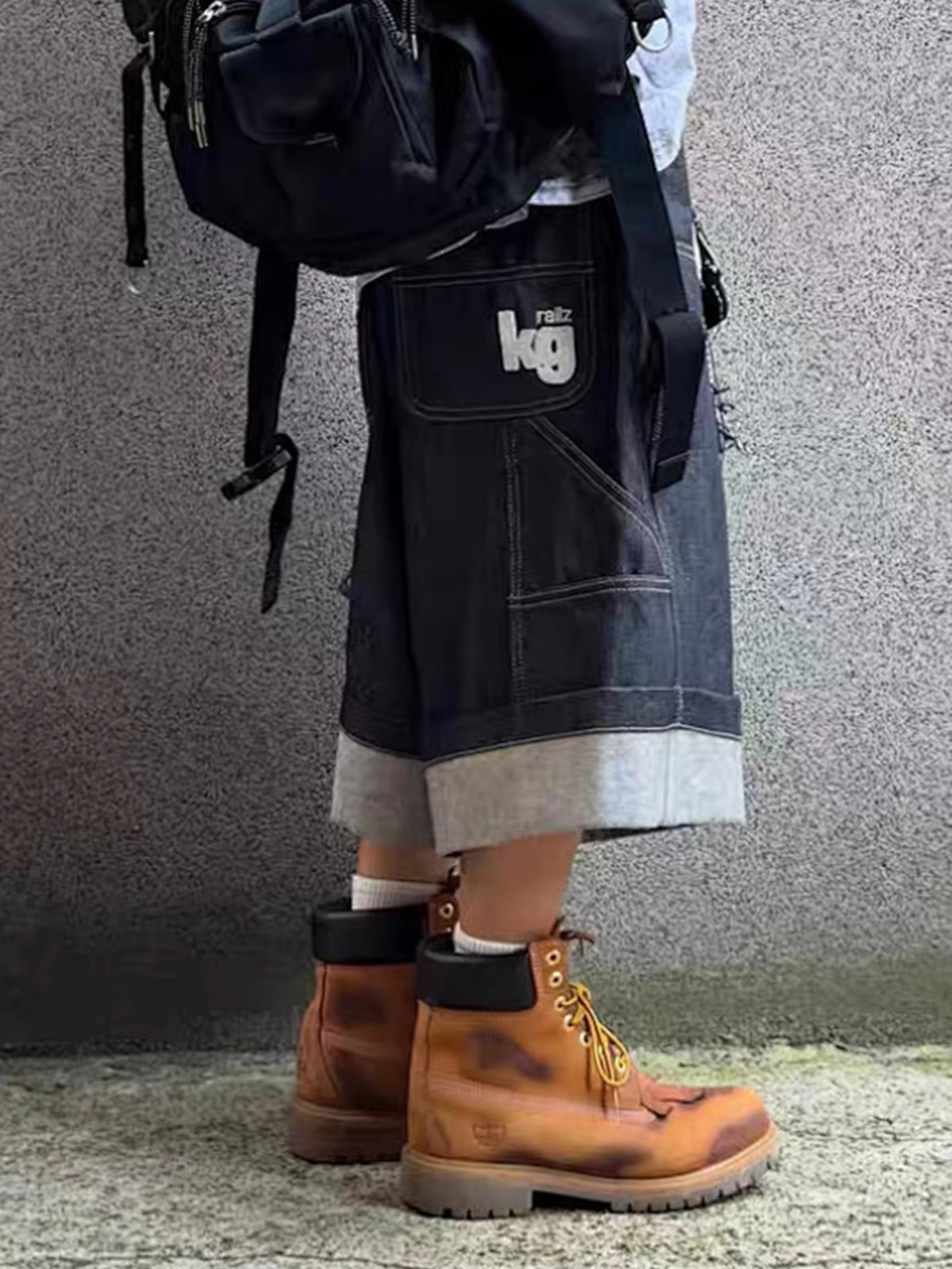 MIJKO Men's and Women's New Original Cattle Logging Seven-Part Over-the-Knee Shorts Unisex Color-Block Folded