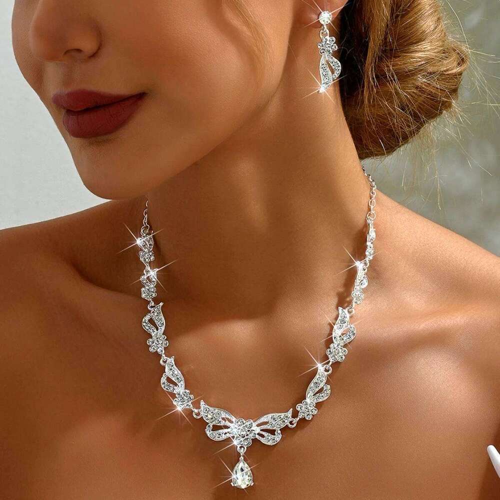 New high-end rhinestone necklace earrings two-piece set of European and American accessories temperament bridal wedding Z260313