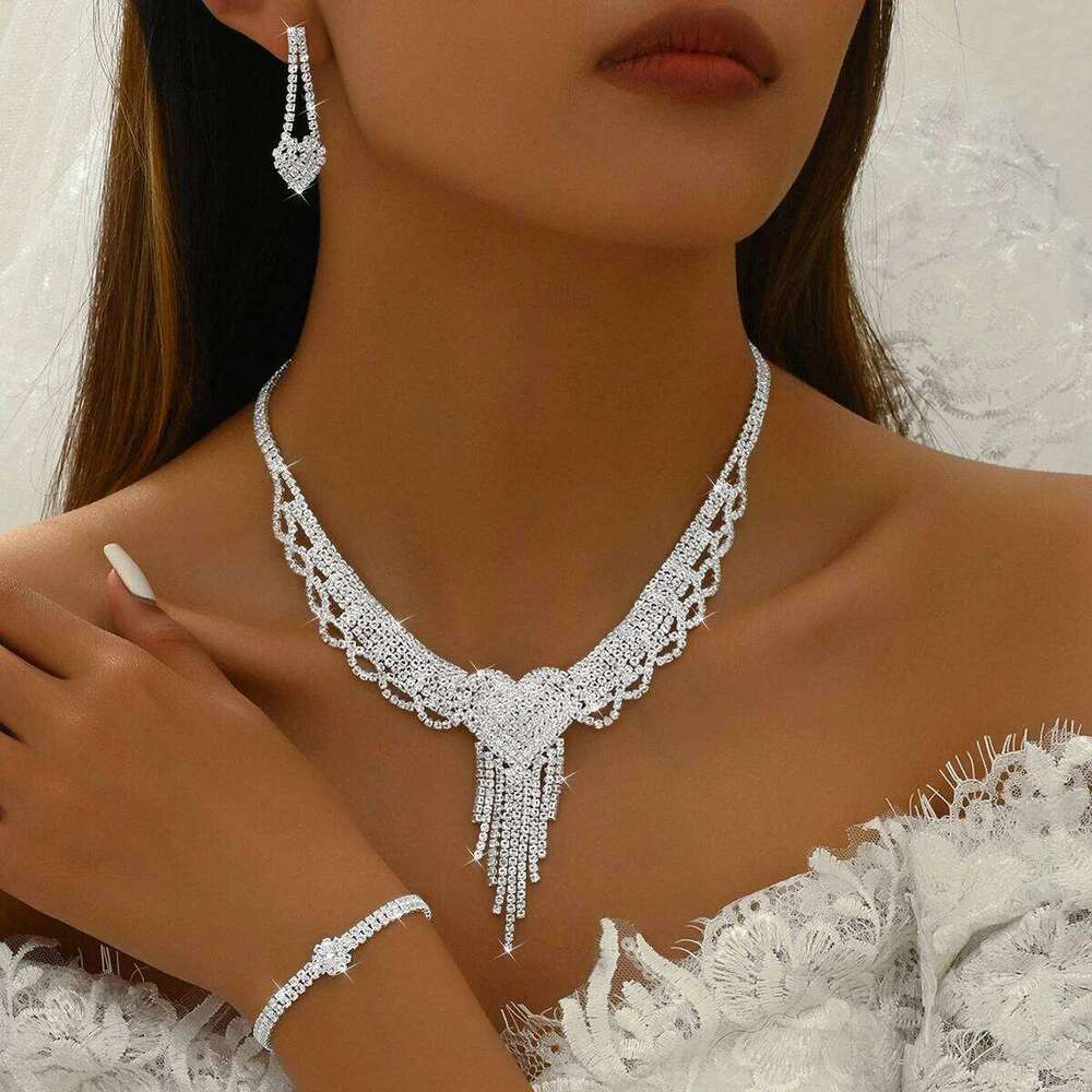 Women's fashionable rhinestone tassel necklace earrings bracelet ring jewelry set wedding party holiday gift Z260313