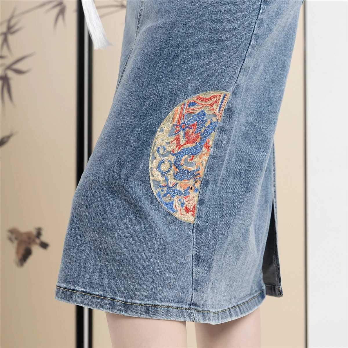 New 2024 Spring Summer Denim Skirt For Women High Waist Embroidery Back Slit Blue Jean Skirts Chinese Style A Line Skirt Women M260314