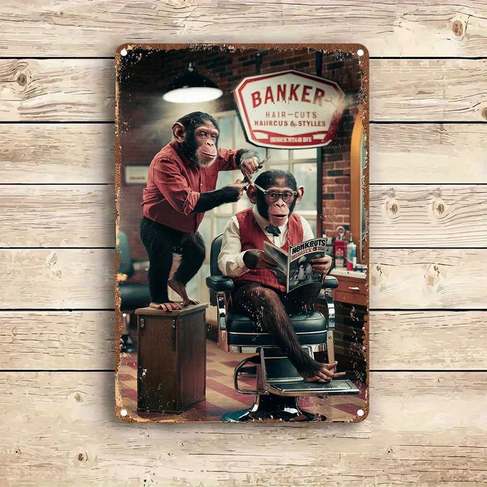 Vintage Barber Shop Chimpanzee Scene Metal Sign - Aluminum Wall Art Retro Style Poster for Home Office or Salon Decor Easy D260314
