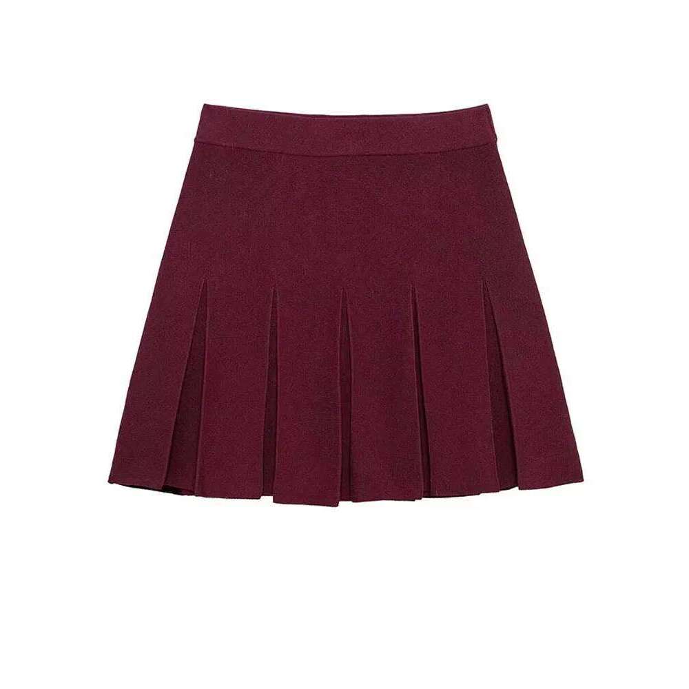 2025 Female High Street Pleated Burgundy Women Retro Fashion Elastic Waist A-line Knitted Mini Skirt Trendy Z260314