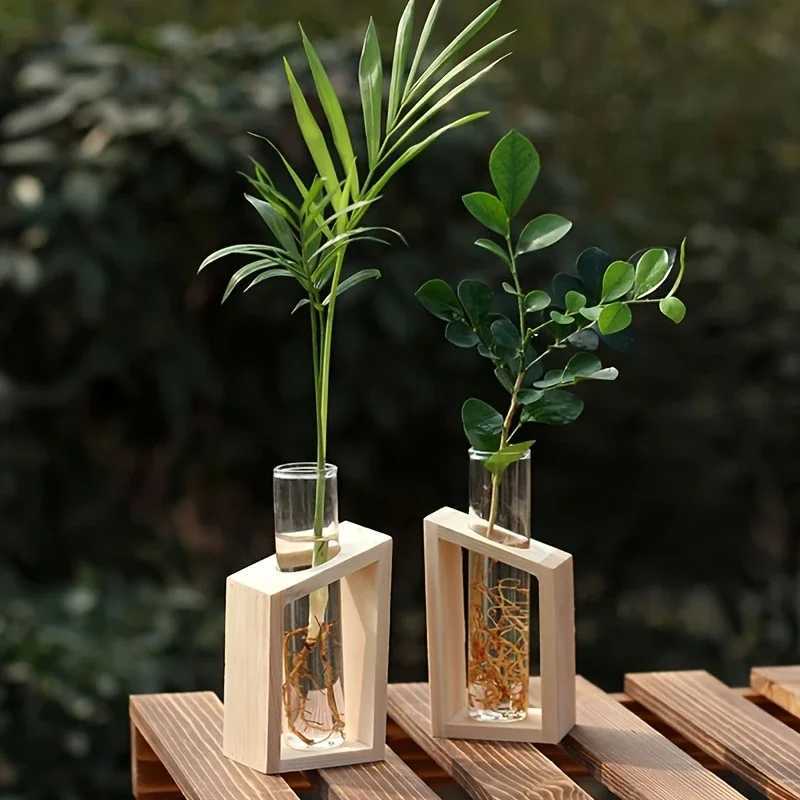 1pc-Minimalist Nordic Home Test Tube Glass Vase Creative Desk Hydroponic Plants Wooden Flower Utensils Decoration Y260314