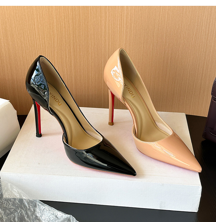 2026 New European Style Women's Black Patent Leather High Heels Side Cut Out Pointed Toe Stiletto Pumps