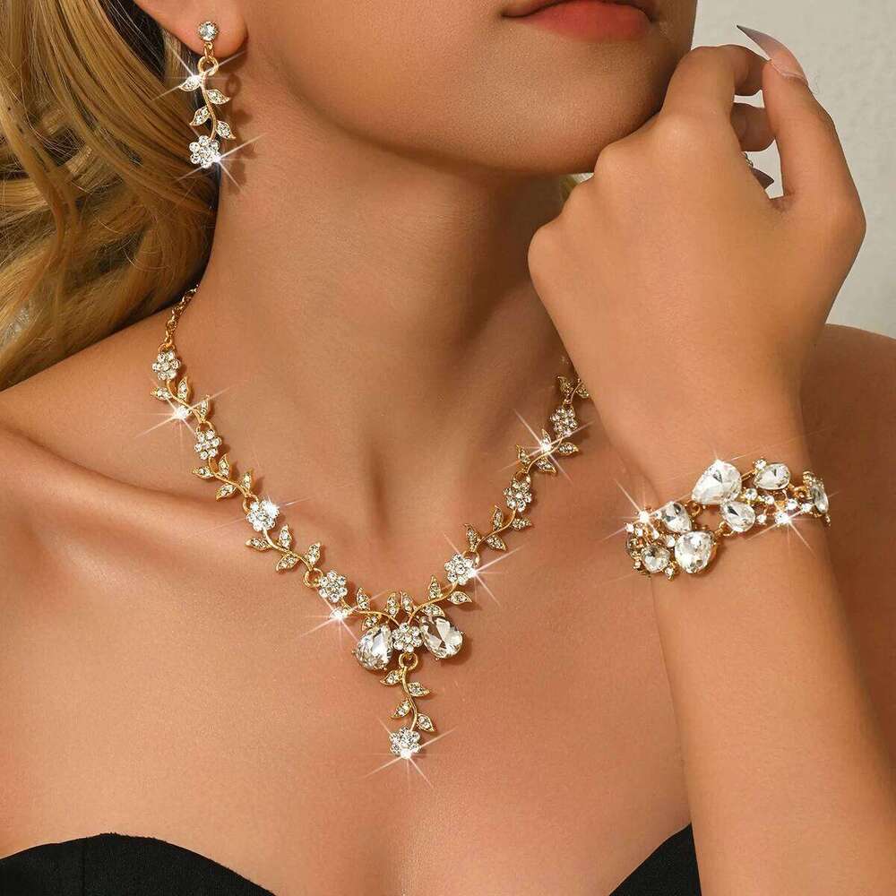 Women's Luxury Crystal Leaf Flower Jewelry Set - Bridal Necklace Earrings Bracelet for Wedding Evening Party Z260313