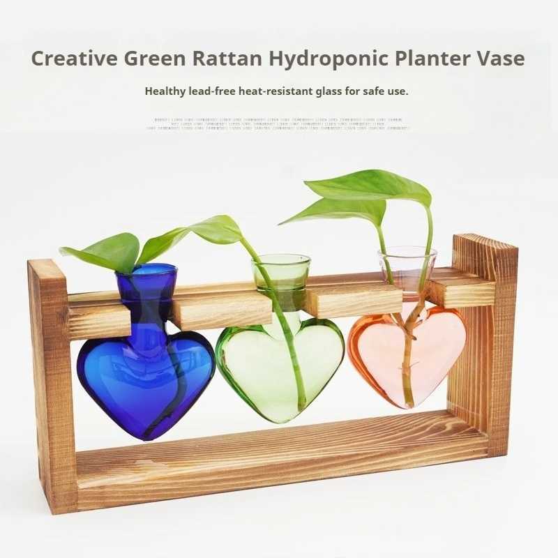 Creative Colorful Heart Shaped Transparent Glass Vase Wooden Frame Hydroponic Vase Container Home Ofice Table Decoration Y260314