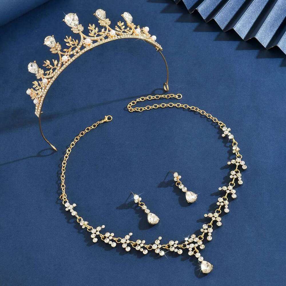 Ladies' Fashion Design Water Drop Geometric Necklace Earrings Crown Jewelry Set Wedding Party Festival Gift Z260313