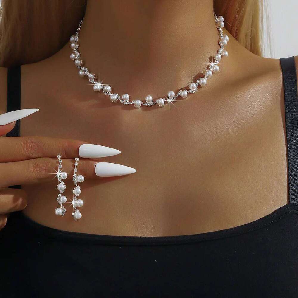 Pearl & Crystal Jewelry Set Choker Necklace Bracelet Drop Earrings Bridal Accessories for Wedding Prom Party Women Daily Wear Z260313