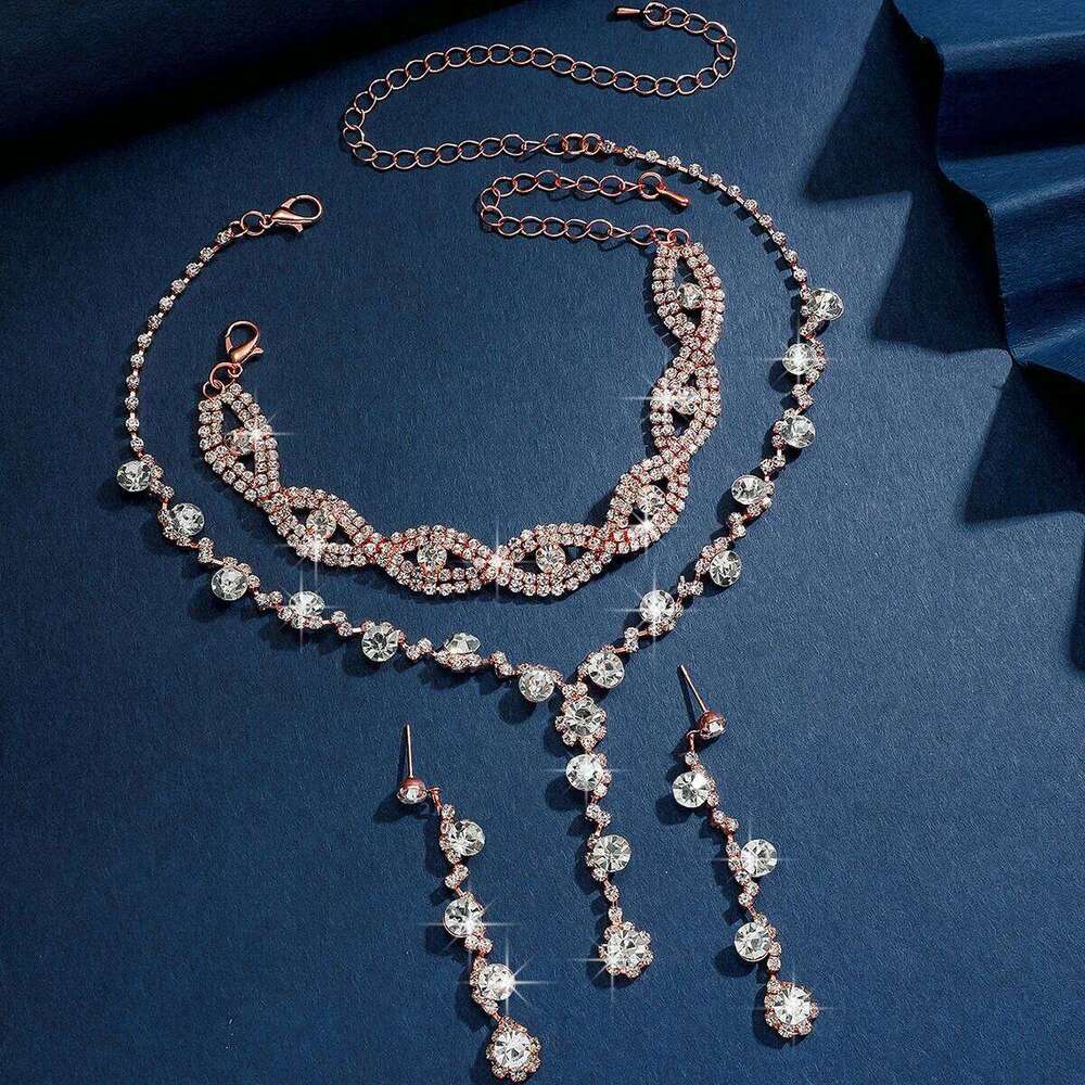 Black Crystal Jewelry Set Necklace Earrings Bracelet Sparkling Pendant Silver-Plated Accessories for Evening Party Prom Wedding Z260313