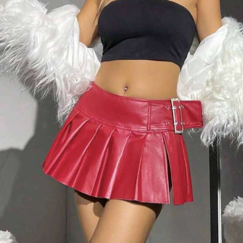 Sexy Hot Girls Silver Leather Pleated Club Party Street Style Buckle Belt Mini Short Skirt 2025 Summer Latest Z260314