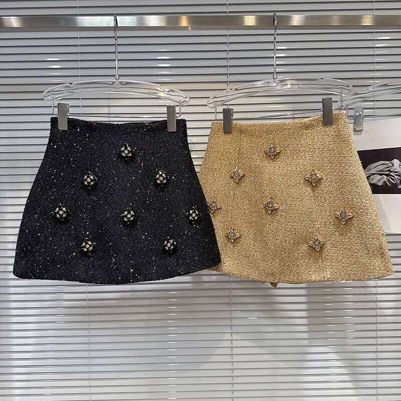 DEAT 2025 Autumn New Fashion Rhinestone Flower Shiny Thick Tweed Short Skirt For Women Mini A-Line Skirts Female Trendy 11A06409 Z260314