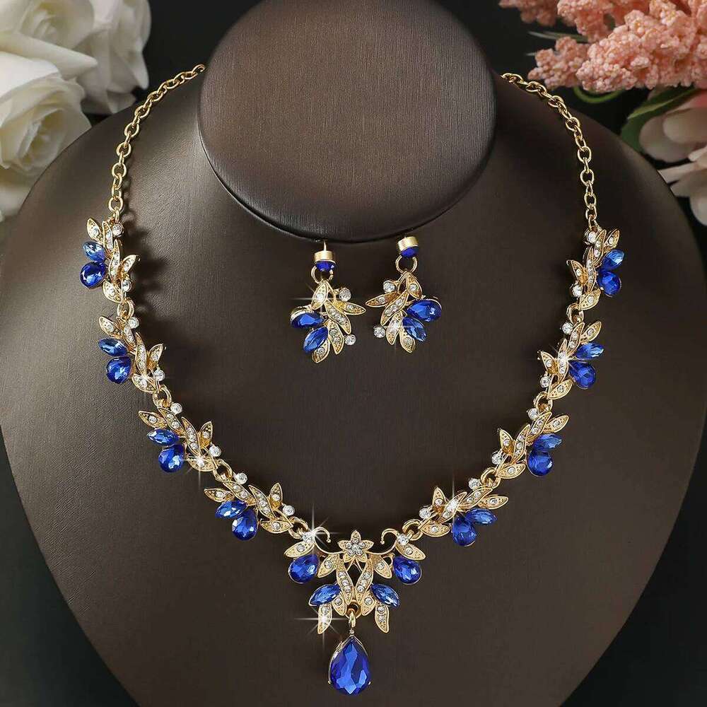Emerald Green Crystal Jewelry Set Bridal Necklace Earrings 2Pcs Gold Plated Leaf Water Drop Pendant for Wedding Party Evening Dr Z260313