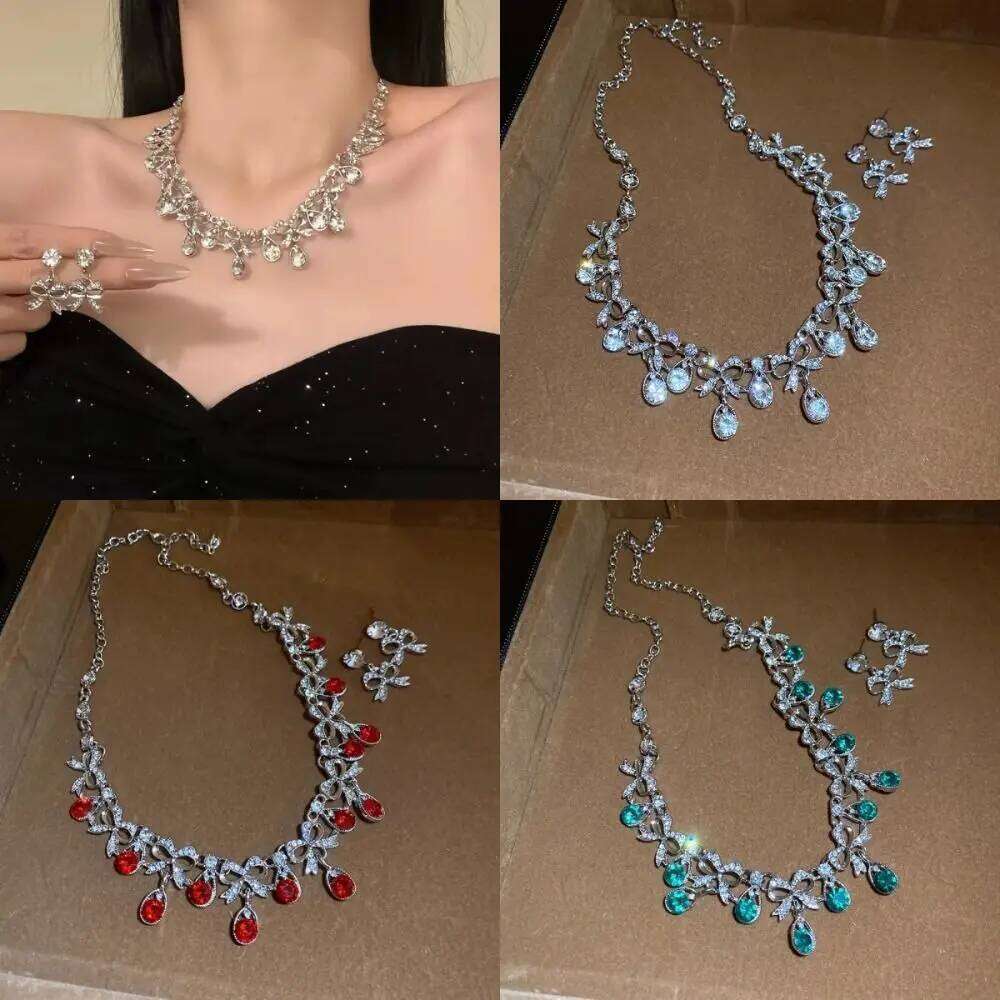 2 pieces Wedding Water Drop Rhinestone Jewelry Bow Shining Earrings Luxury Inlaid Crystal Necklace Set Banquet Z260313