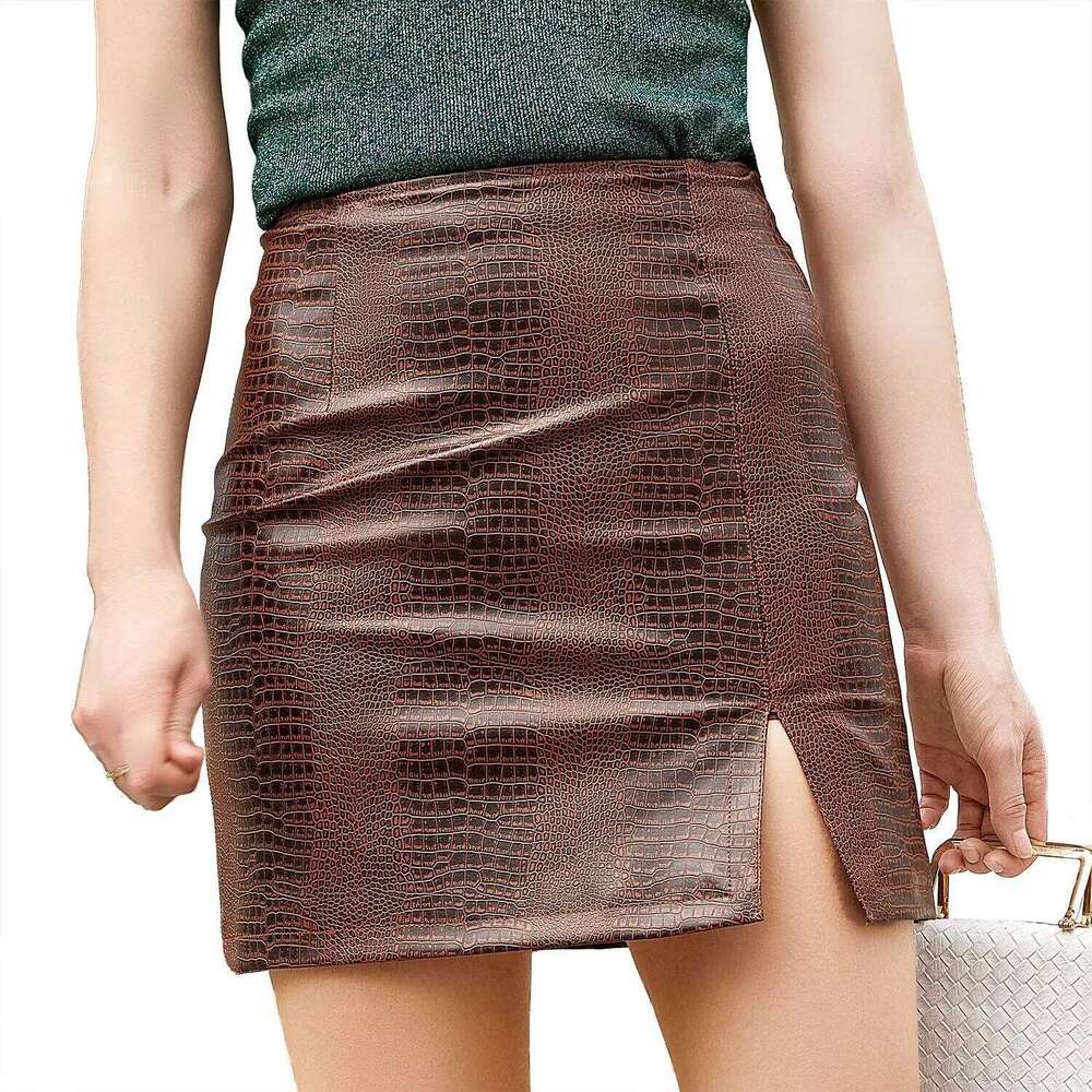 2025 Spring/summer Red Crocodile Pattern PU Ladies Slit Skirt Slim Stretch Leather Skirts White Brown Black Green Z260314