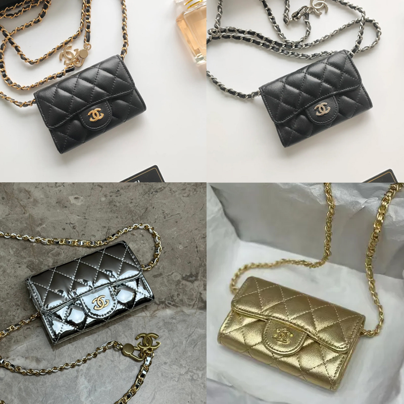 Designer Women's Wallet & Card mini Bag, Sheepskin & Caviar Leather, Mini Portable Crossbody Bag with Metal Chain