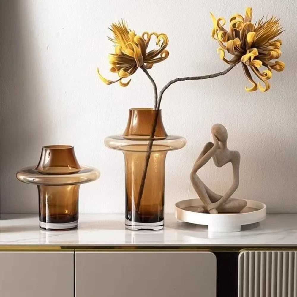 Modern Simple Glass Flower Vase Nordic Style Dried Flowers Vases Desktop Hydroponic Vase Arrangement Living Room Home Decor Y260314