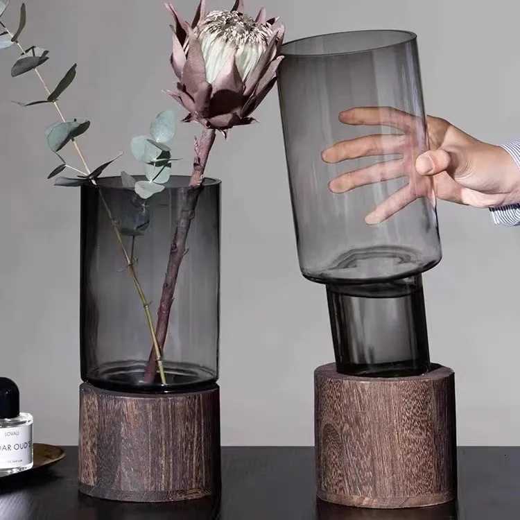 Minimalist Glass Vase with Wooden Base for Hydroponic Plants Retro Modern Tabletop Floral Arrangement Home Decoration European Y260314