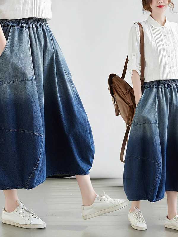 plus Size adient Color Denim Midi Skirt Womens Spring Faion Slimming Knee-Length A-Line Skirt Artistic Commute Sle M260314