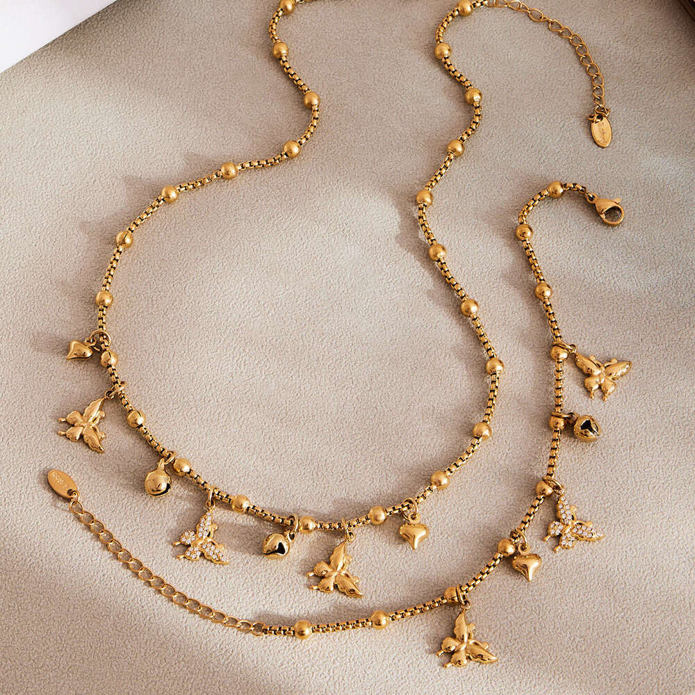 3D Butterfly Multi-heart Bead Chain Necklace Bracelet Stainless Steel Niche Design New Jewelry Set